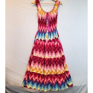 OSTOO Women's Maxi LG Dress Tiered Wildflower Colorful Chevron Dopamine Bright